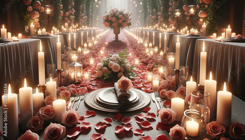 A beautifully set dinner table decorated with roses and candles, ready for a romantic evening.
