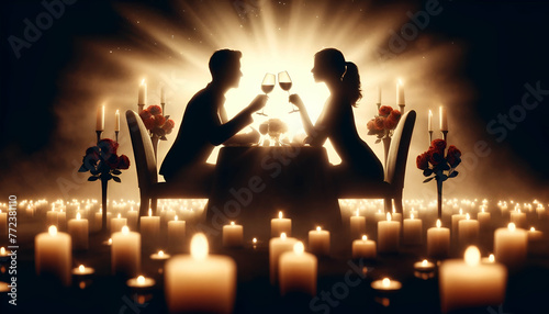 Silhouettes of a couple toasting wine glasses over a romantic candlelit dinner, surrounded by roses.