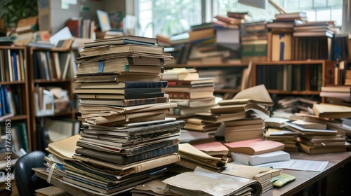 Stack of books on a table in a library. Education concept.