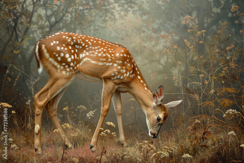 Deer captured in a serene moment of grazing set against a studio-created meadow on a pastel floor photo