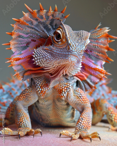 A frilled lizards colorful frill spread wide its intricate textures and patterns illuminated against a pastel floor by clear