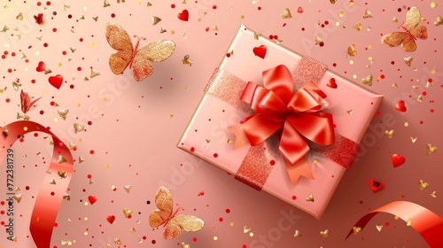 Gift box with red bow and confetti on pink background.