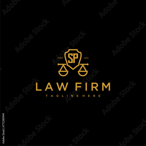 SP initial monogram for lawfirm logo with scales shield image