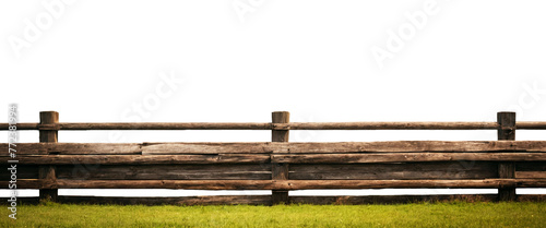 Long old wooden fence on posts with transparent and white background. Panorama.
