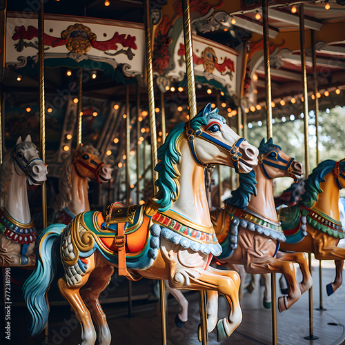 A vintage carousel with brightly painted horses. 