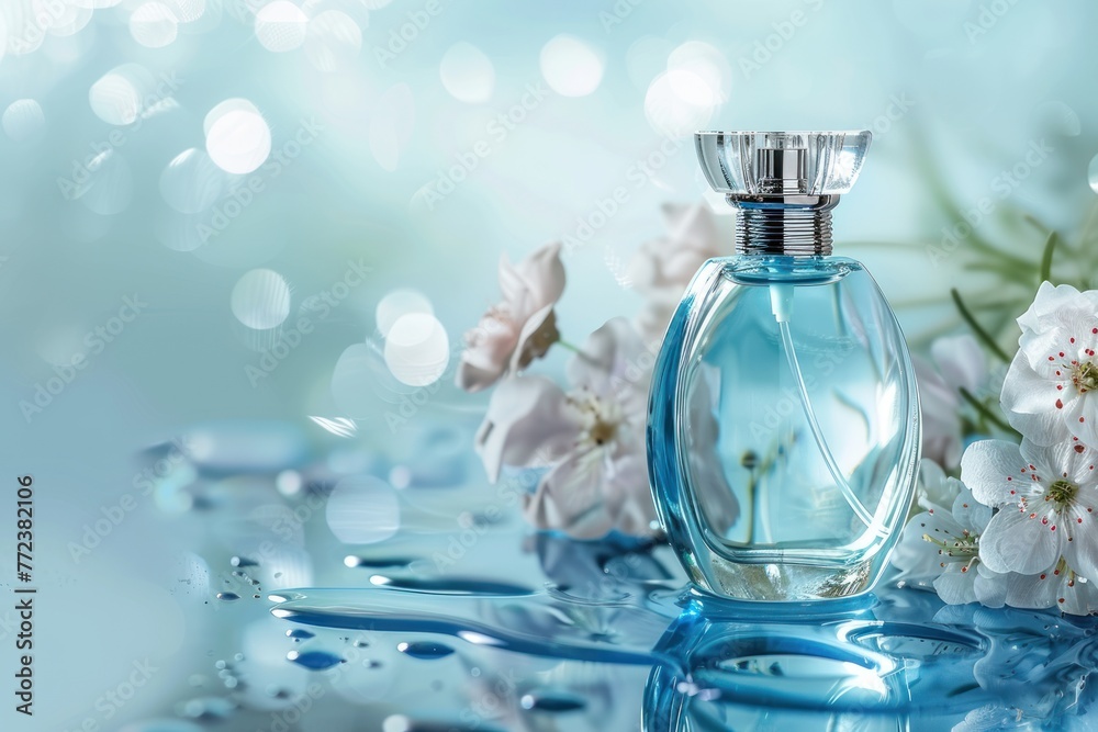 A beautiful bottle with perfume on a blue background with water with a place for a logo and inscription A beautiful bottle with perfume on a blue background with water with a place for a logo and inscription