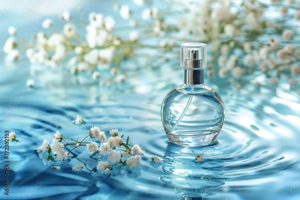 A beautiful bottle with perfume on a blue background with water with a place for a logo and inscription