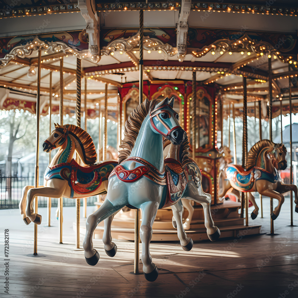 A vintage carousel with brightly painted horses. 