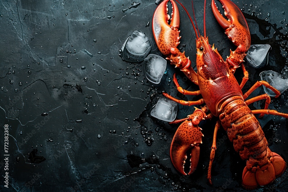 A beautiful red lobster lying on ice and on a black or dark background with space for inscriptions or logo - obrazy, fototapety, plakaty 