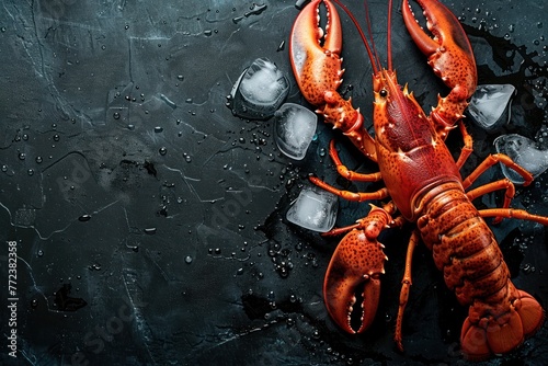 A beautiful red lobster lying on ice and on a black or dark background with space for inscriptions or logo photo