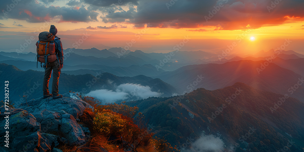 Hiker stands at the summit of a difficult mountain climb to be greeted with a beautiful view of the sunrise. - obrazy, fototapety, plakaty 