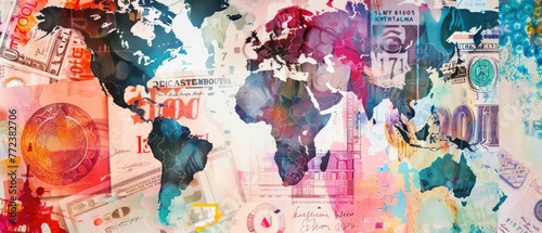 Abstract global economy, stock market lines crossing over diverse national banknotes