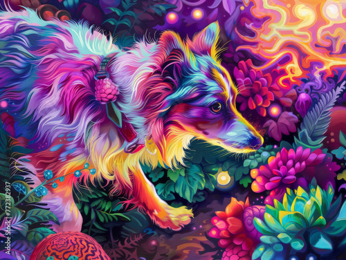 A colorful dog is walking through a lush green forest with flowers and plants. The dog is wearing a necklace and he is enjoying the scenery. The painting has a vibrant and lively mood © Wonderful Studio
