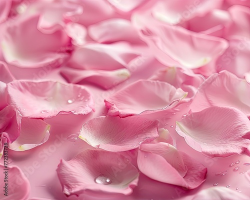 A soft pink background adorned with delicate rose petals