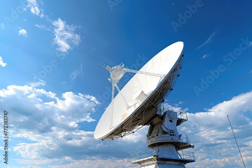 A large white satellite dish pointed at the sky