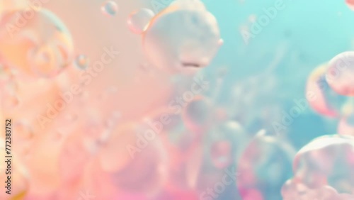 Transparent soap bubbles with vibrant pastel reflections floating over a smooth gradient backdrop of warm and cool hues.