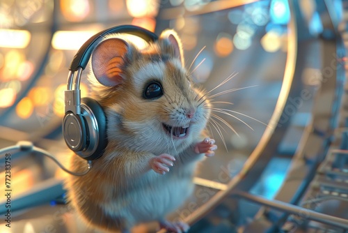 A hamster wearing headphones is smiling and appears to be enjoying music