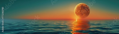 A surreal image of an orange moon rising over a tranquil sea