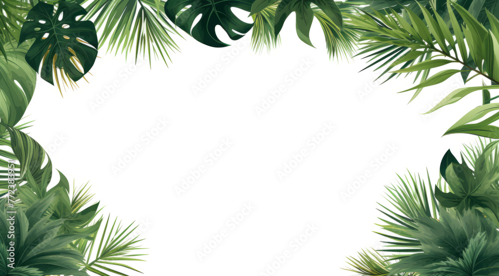 tropical frame with green palm leaves and tropical plants leaves