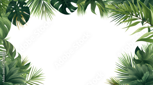 tropical frame with green palm leaves and tropical plants leaves