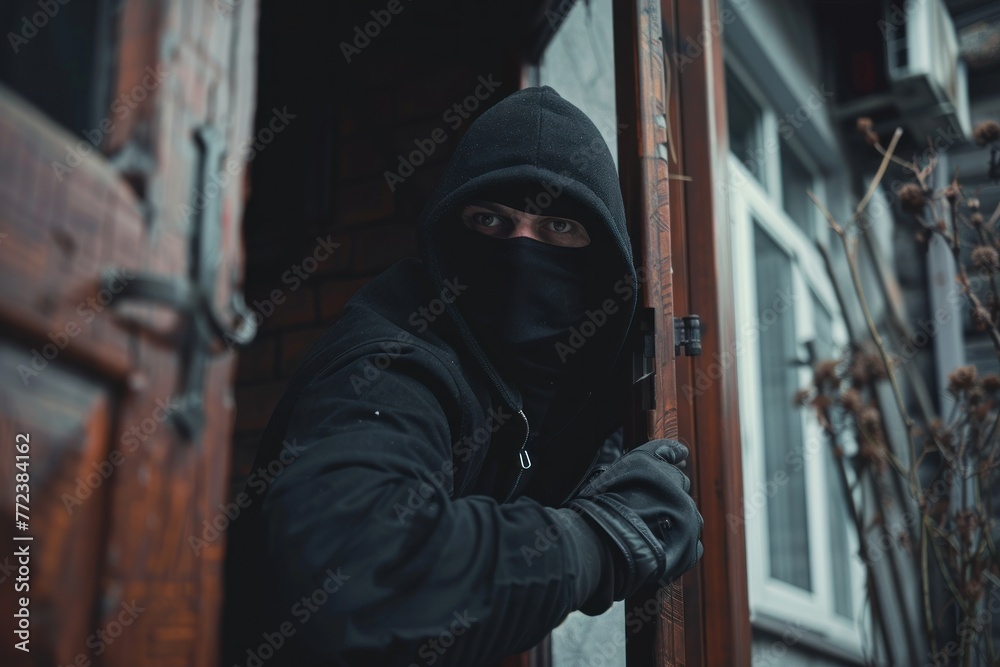 A thief dressed in black and a black mask breaking into a house A thief dressed in black and a black mask breaking into a house