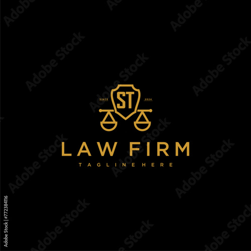 ST initial monogram for lawfirm logo with scales shield image