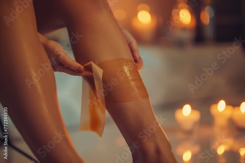 A young girl waxes her leg with a strip of wax, sugaring