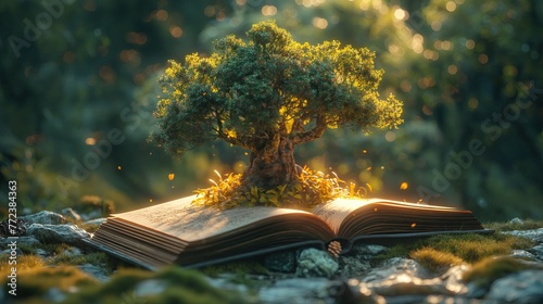 Tree growing from an open book in the forest. Conceptual image photo
