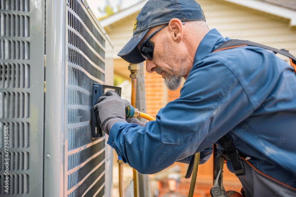 An expert HVAC worker is installing or repairing an air conditioner in a house An expert HVAC worker is installing or repairing an air conditioner in a house