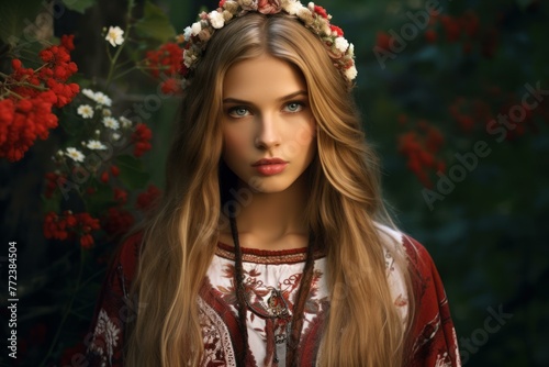 Traditional Slavic young woman. Trendy female. Generate Ai