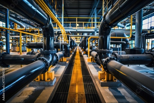 An industrial interior with a complex network of large black pipes and yellow valves photo