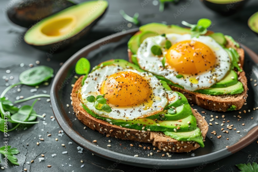 Avocado toast with egg, top view. Healthy breakfast Avocado toast with egg, top view. Healthy breakfast