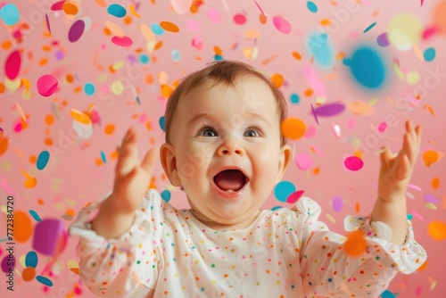 baby surprised to win with confetti around
