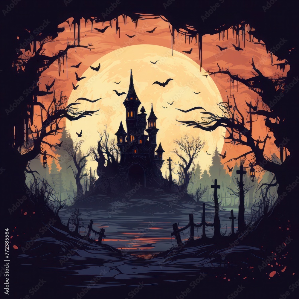 halloween illustration with silhouette of castle at glowing moon and dead trees near