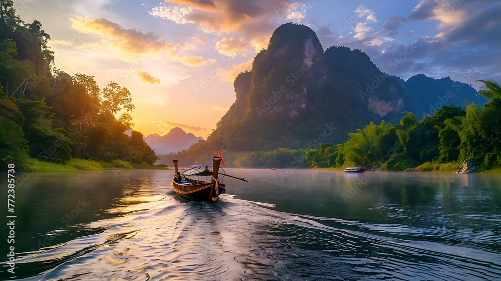 A boat riding in a river during sunset next to a beautiful mountain