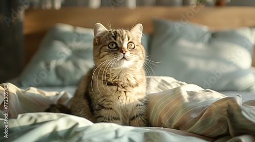A cute cat of the scottish straight cat breed sits on a bed © Taylor Swift