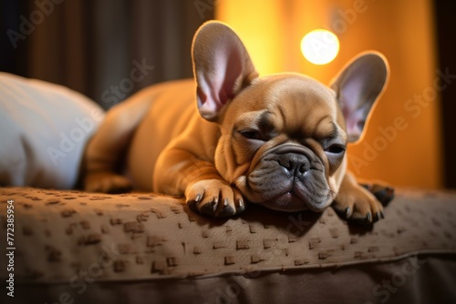Chubby Sleepy french bulldog. Home puppy pet. Generate Ai © juliars