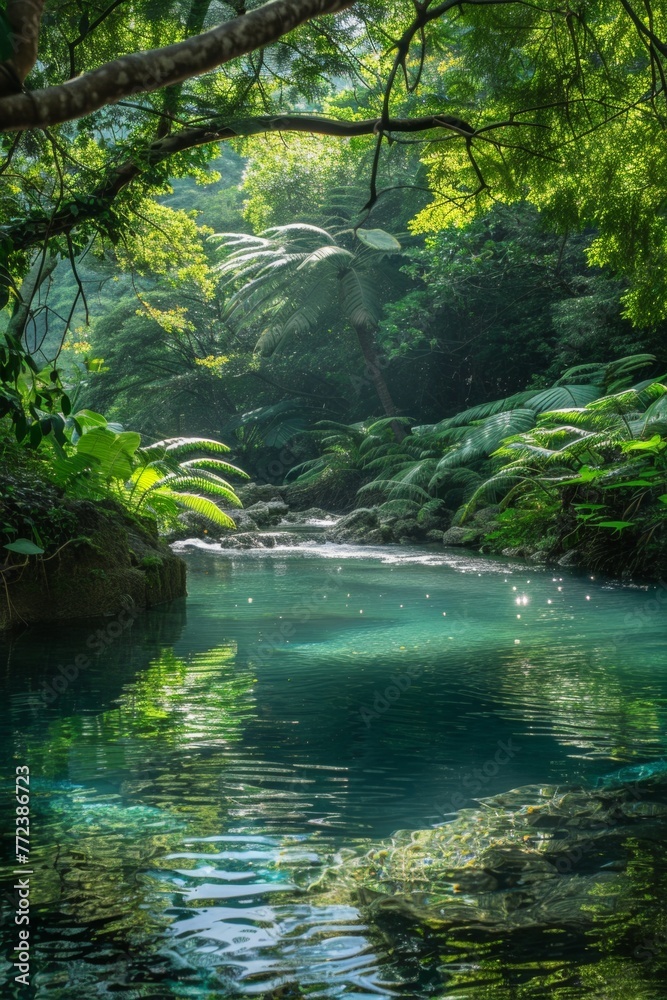 Naklejka premium Meditative scene with turquoise water, lush greenery, conveying tranquility