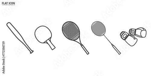 Sports equipment icon, Sports bat icon, Sport equipments flat icons collection. Modern sport equipments icons collection. Set of sport equipments illustration in transparent background.