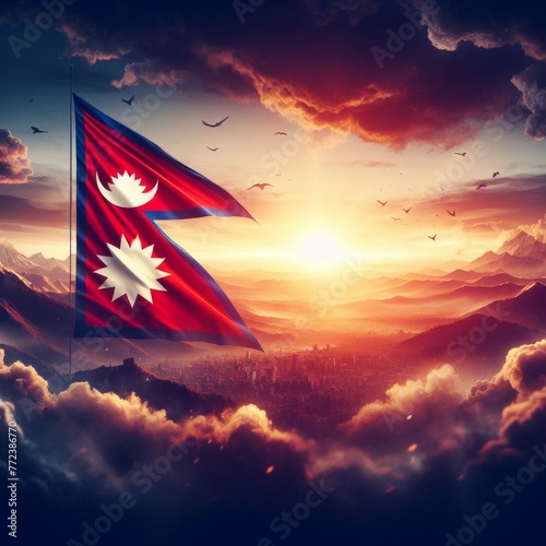 Nepali national flag and mountain Patriotic Background
 photo