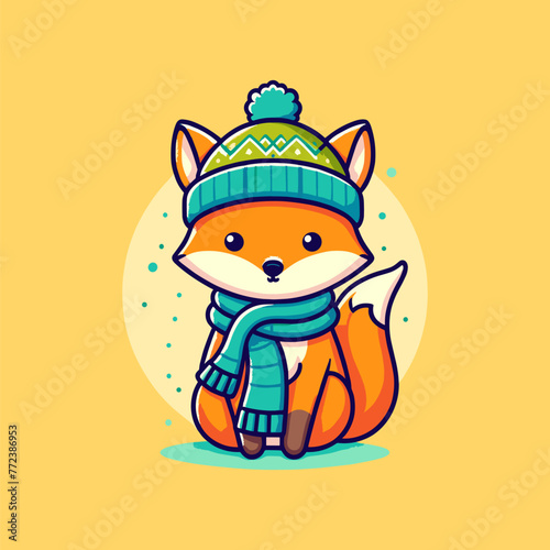 Fox with scarf and hat in winter