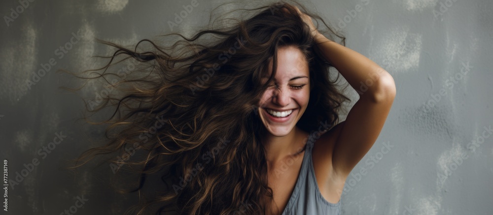 Happy woman with layered hair smiling and holding it in the air - obrazy, fototapety, plakaty 