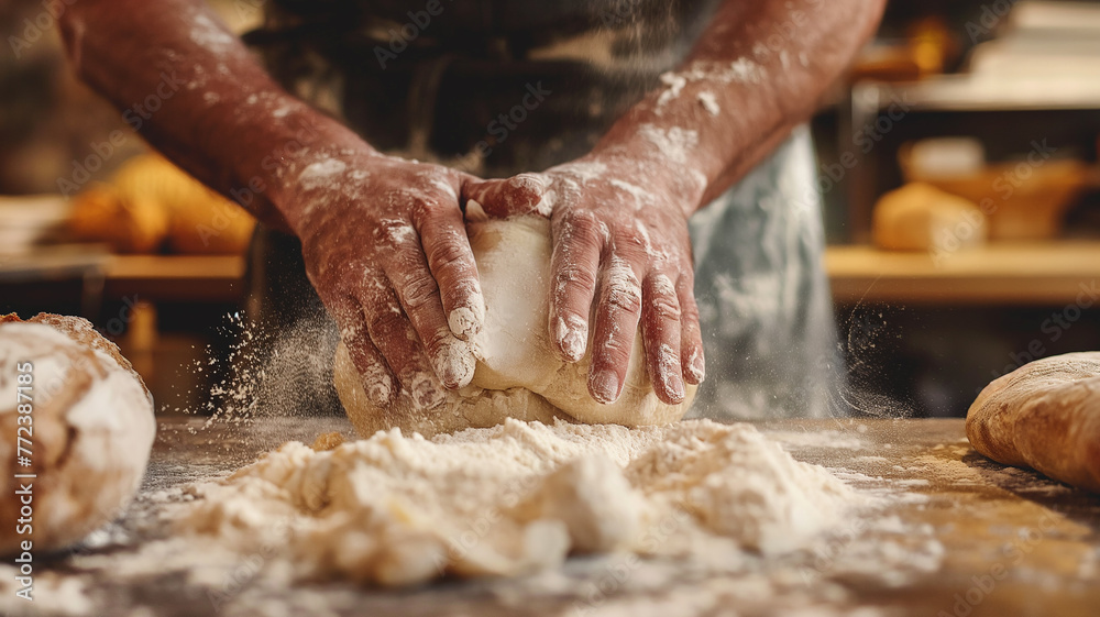 Baker's hands kneading flour to make bread, The location is the bakery