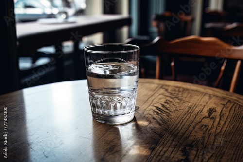 a glass of water on table in a coffee shop or restaurant