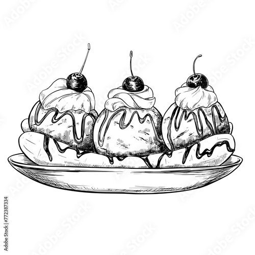 Ice cream sundae dessert food sketch drawing
