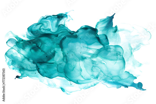 Teal and turquoise watercolor marbling on transparent background.