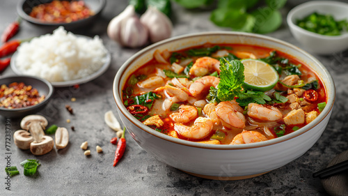 Tom Yum Goong in a white bowl, gray marble background, A few side dishes and ingredients