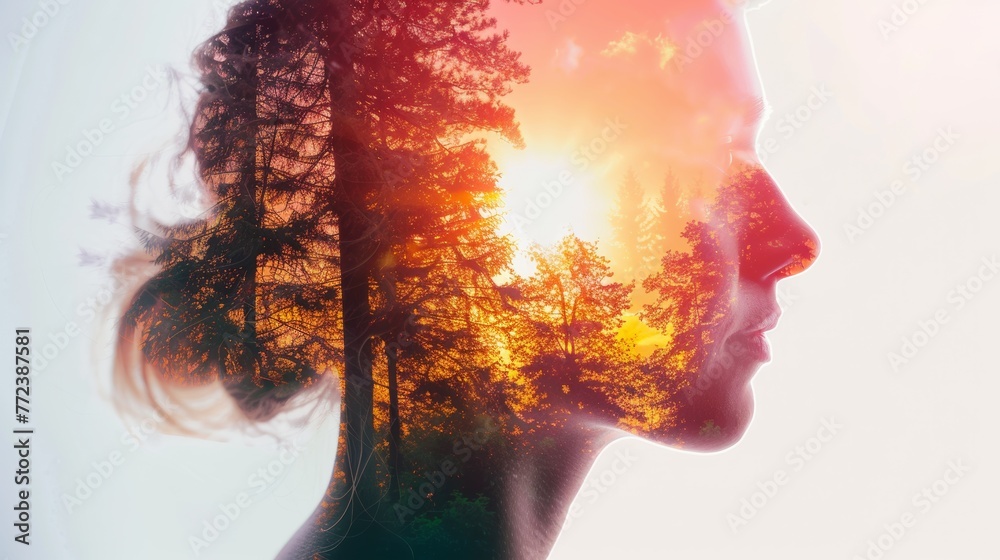 Double exposure photography of close up traveller and the tranquil forest, nature, adventure, forest, man, hiking, backpack, young, lifestyle, tourist, outdoors - obrazy, fototapety, plakaty 