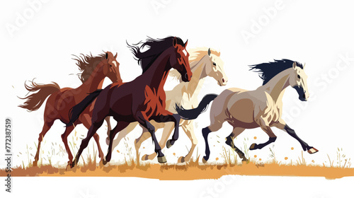 Vector illustration of wild horses running flat cartoon