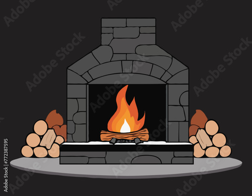 Monochrome image, stone fireplace with wood and fire, vector cartoon